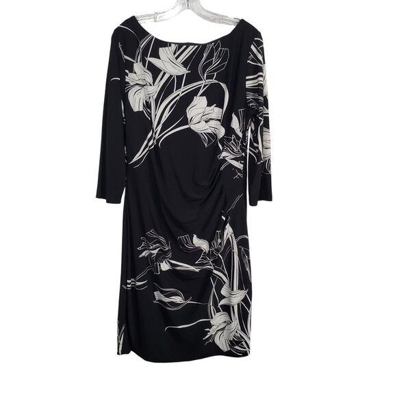 Anne Klein 16 Dress Floral Side Ruched Sheath Stretch Jersey Knee Length Elegant - Picture 2 of 12